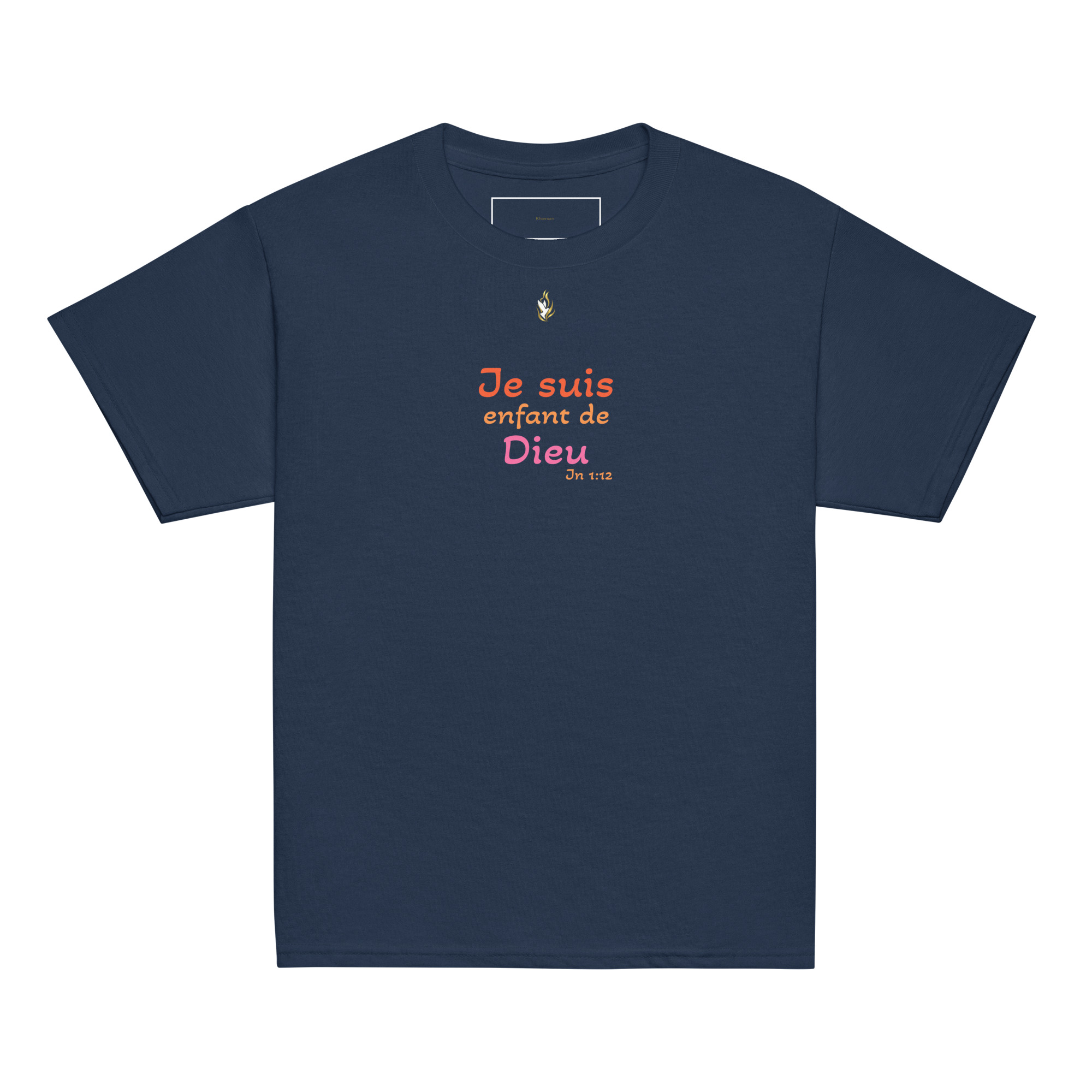 T-shirt classique enfant KHAWNAN bleu marine, parole « Je suis enfant de Dieu », vue de face.