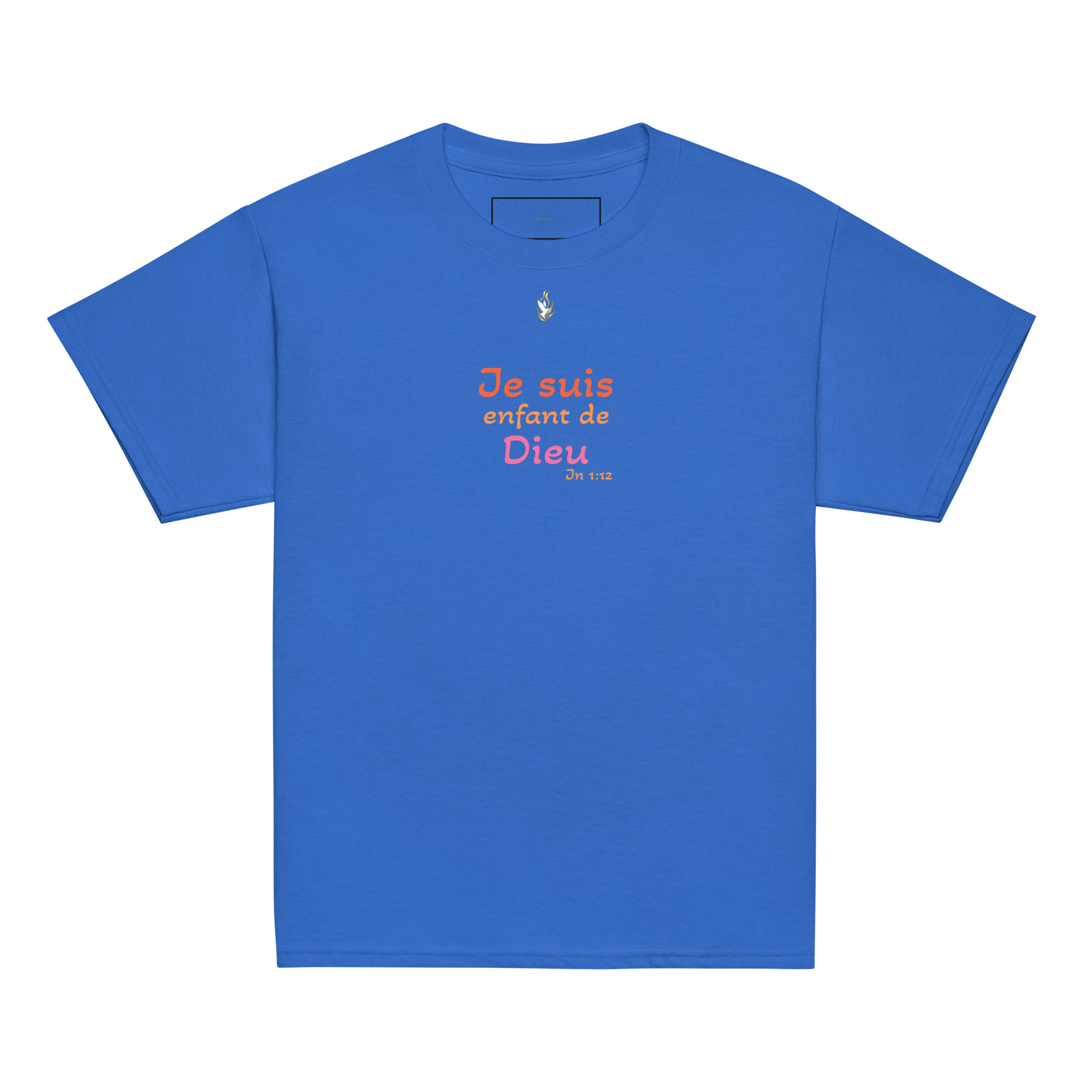 T-shirt classique enfant KHAWNAN bleu roi, parole « Je suis enfant de Dieu », vue de face.
