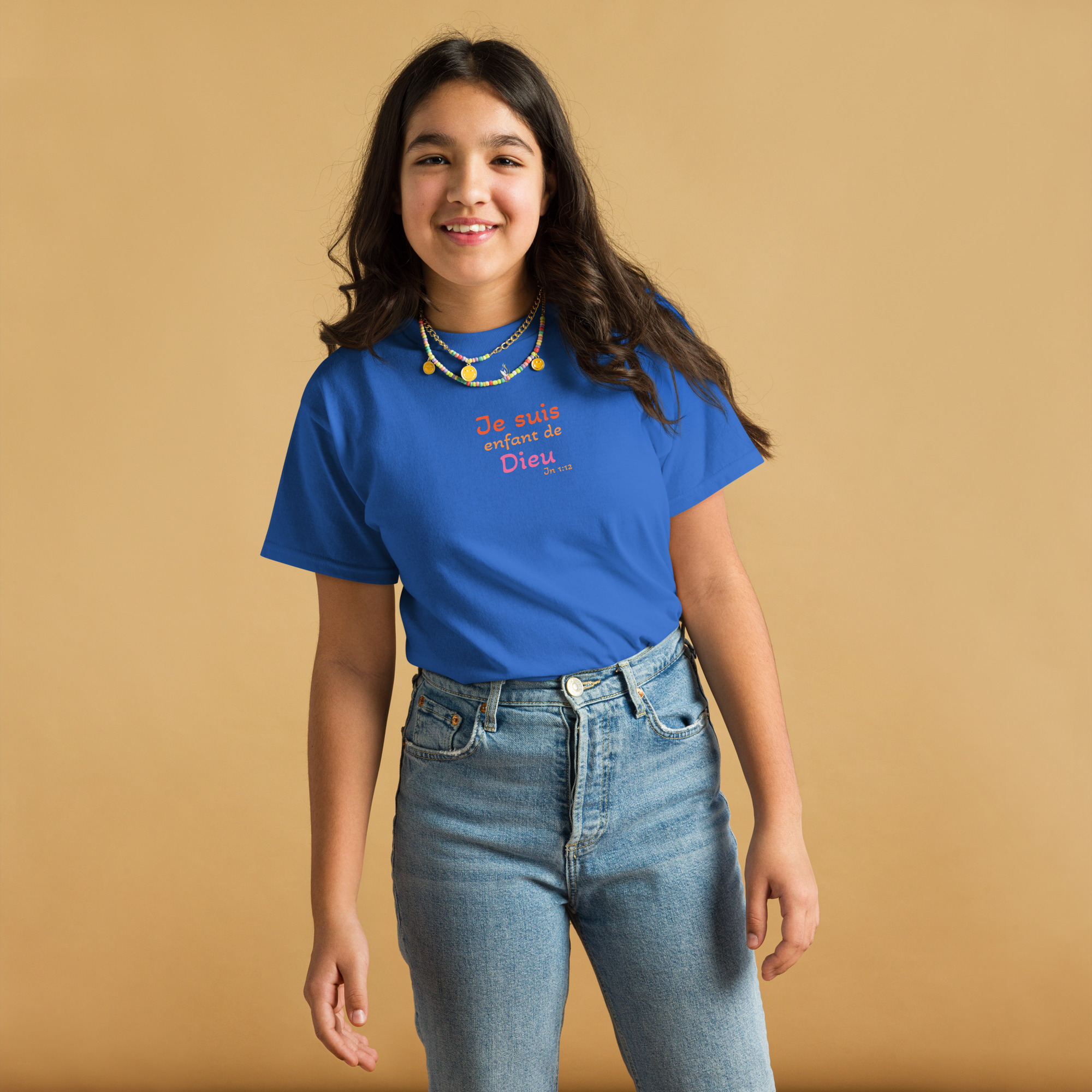 T-shirt classique enfant KHAWNAN bleu roi, parole « Je suis enfant de Dieu », vue de face.