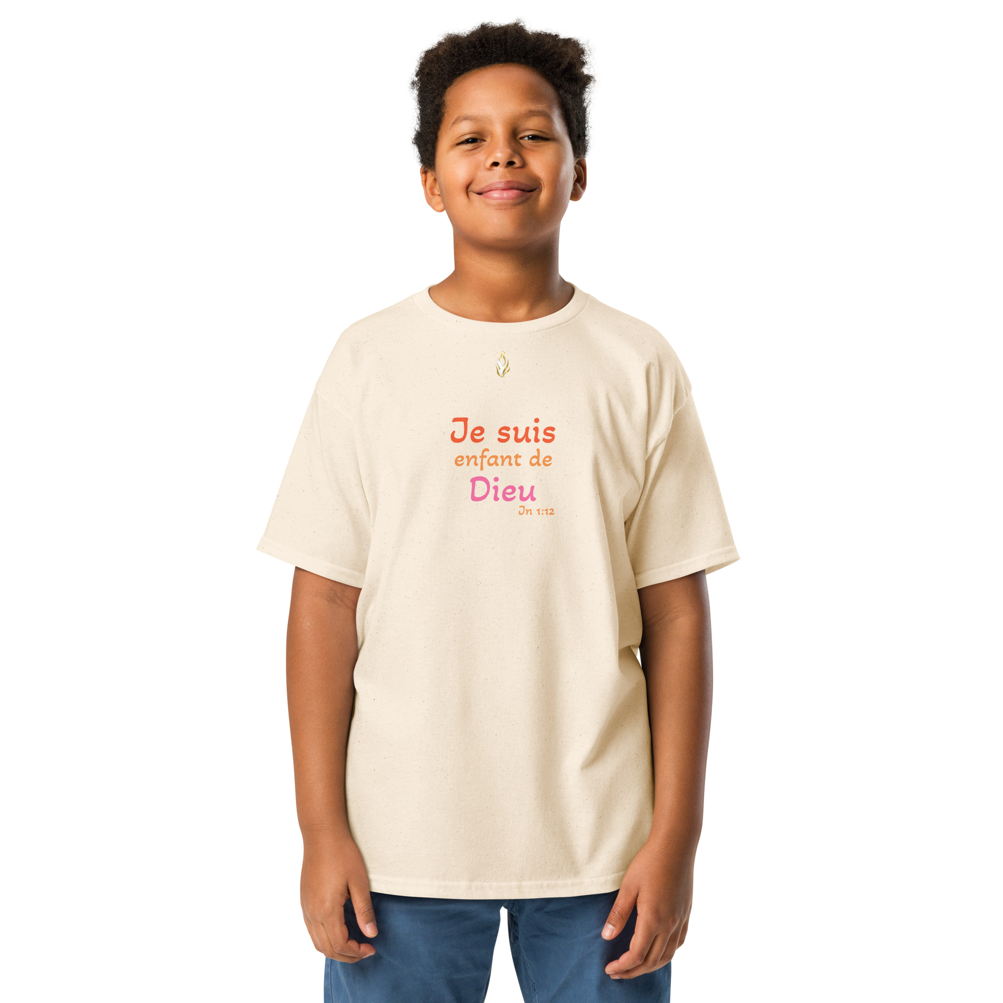 T-shirt classique enfant KHAWNAN, parole « Je suis enfant de Dieu », vue de face.