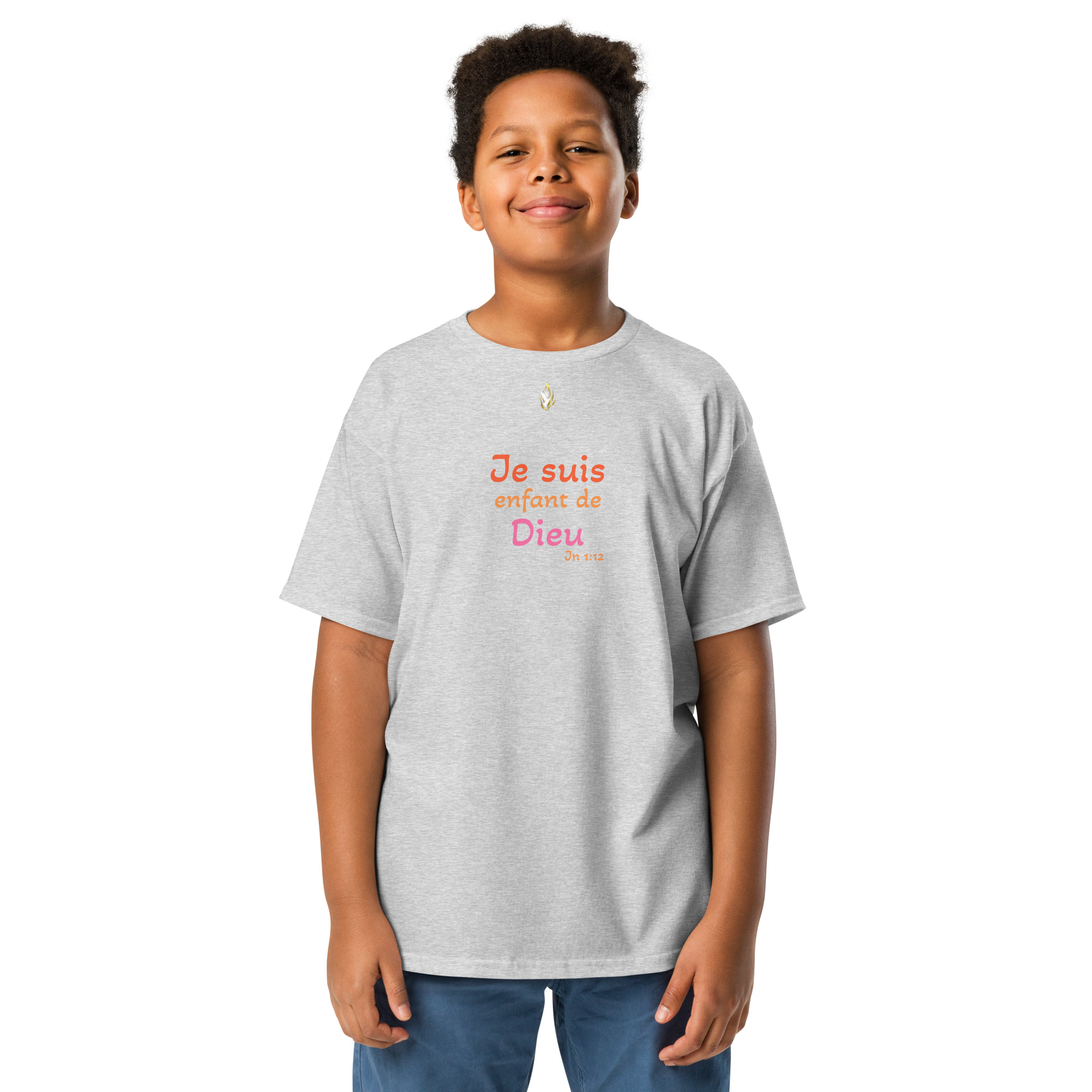 T-shirt classique enfant KHAWNAN gris sport, parole « Je suis enfant de Dieu », vue de face.