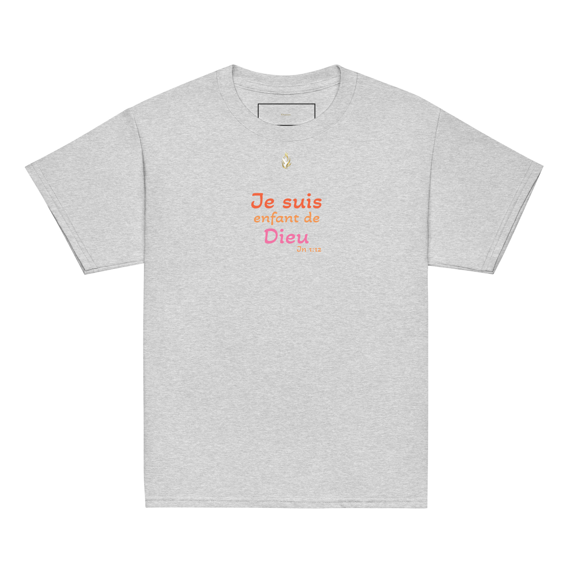 T-shirt classique enfant KHAWNAN gris sport, parole « Je suis enfant de Dieu », vue de face.