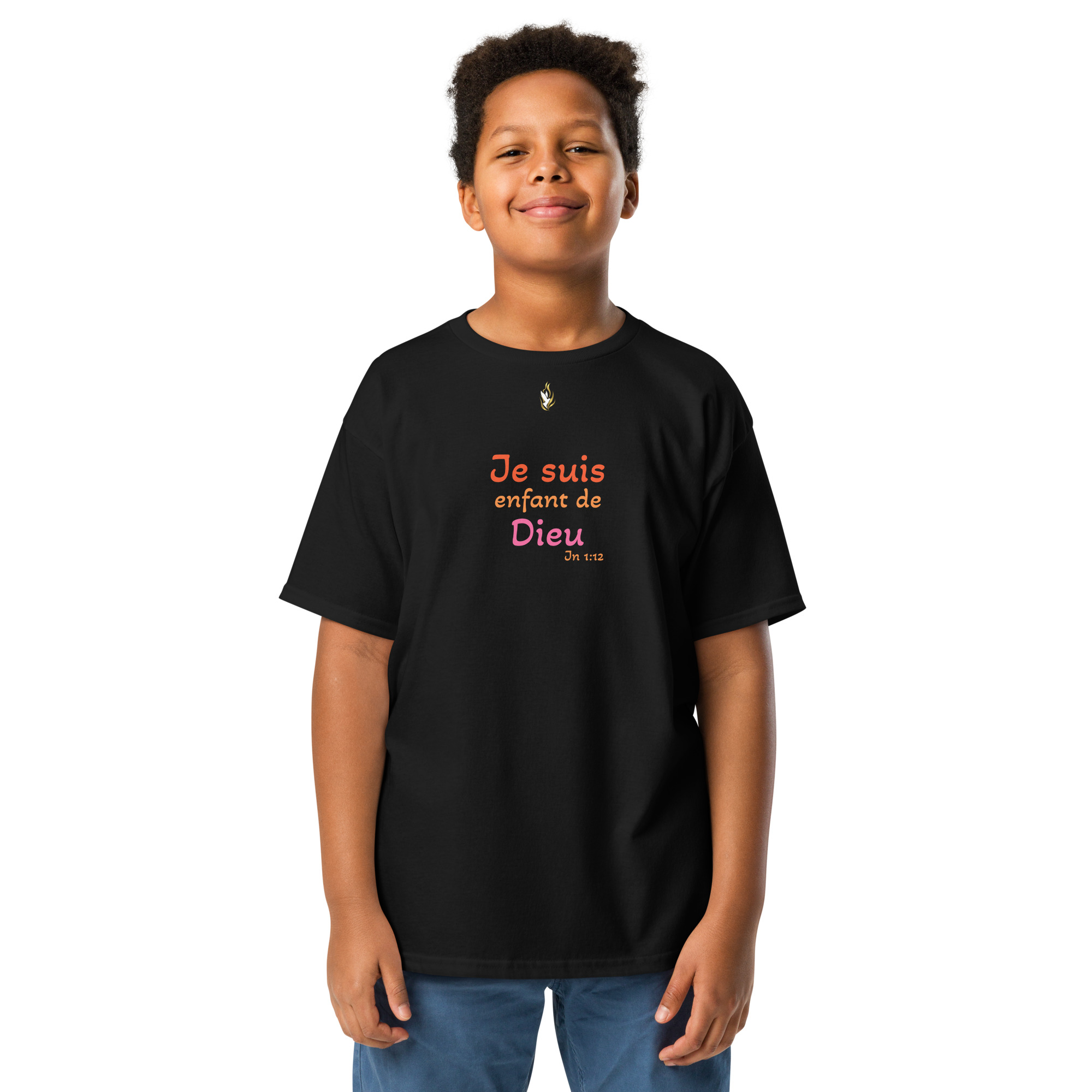 T-shirt classique enfant KHAWNAN noir, parole « Je suis enfant de Dieu », vue de face.
