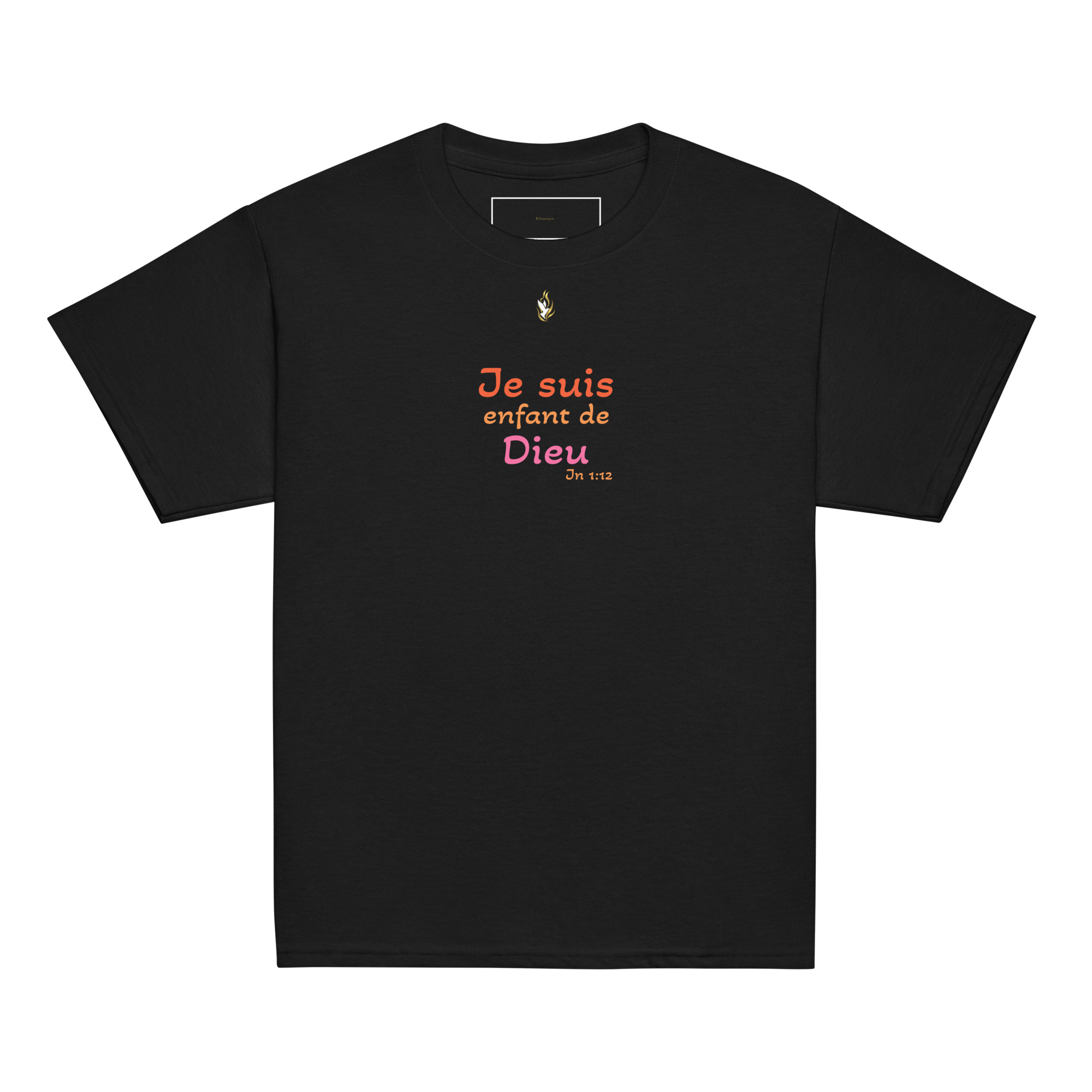 T-shirt classique enfant KHAWNAN noir, parole « Je suis enfant de Dieu », vue de face.
