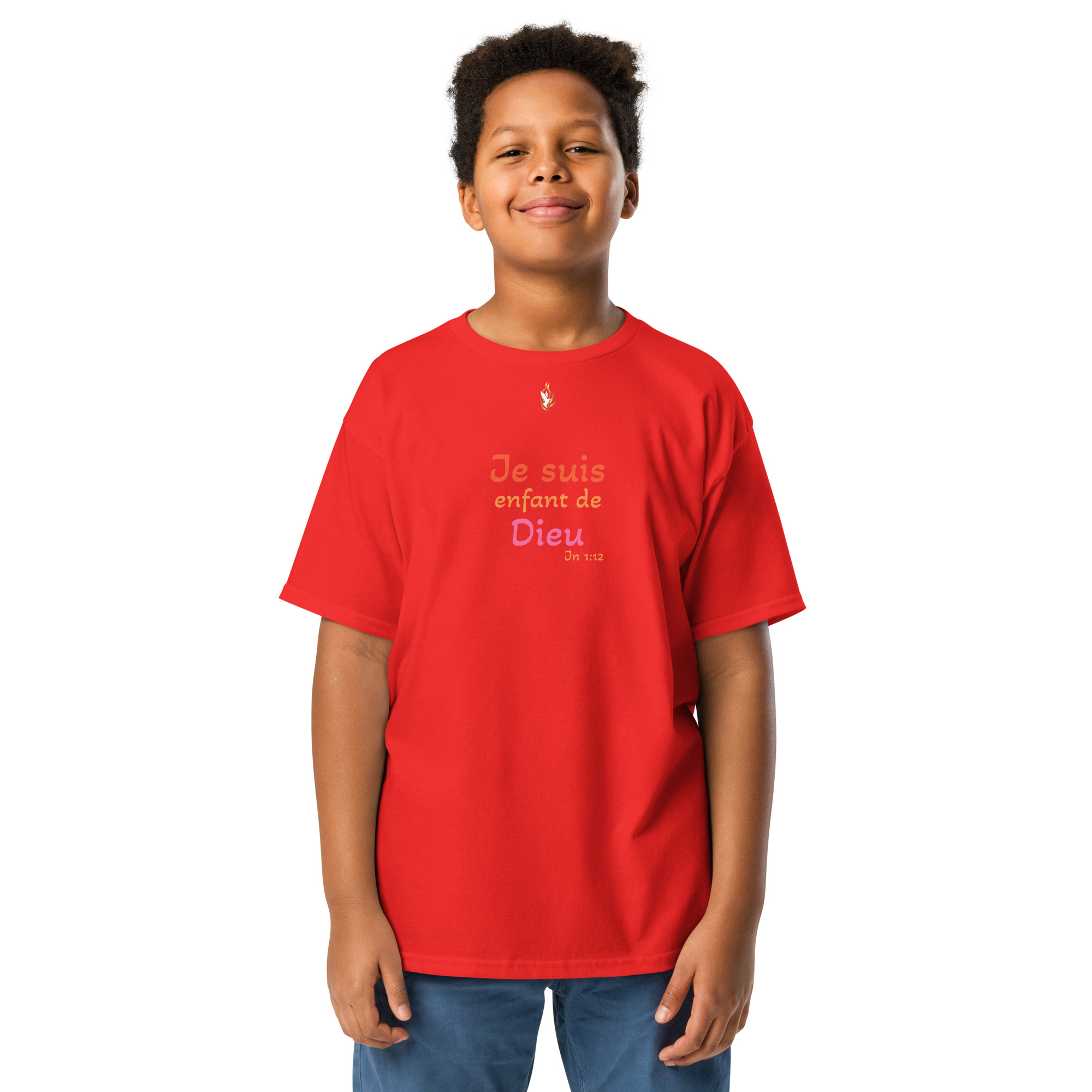 T-shirt classique enfant KHAWNAN rouge, parole « Je suis enfant de Dieu », vue de face.