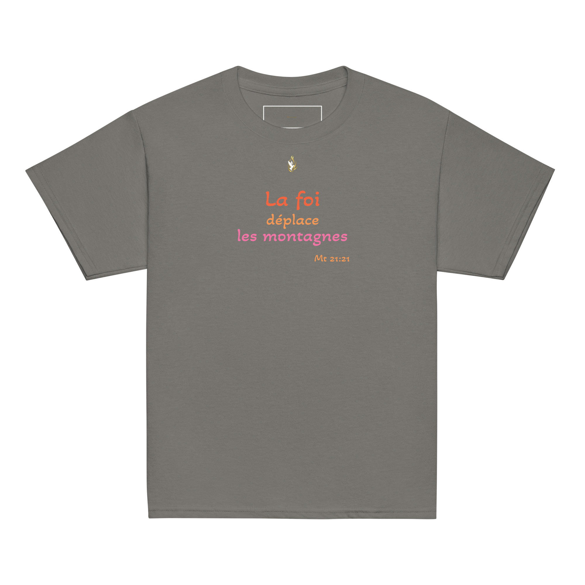 T-shirt classique enfant KHAWNAN anthracite, parole « La foi déplace les montagnes », vue de face.