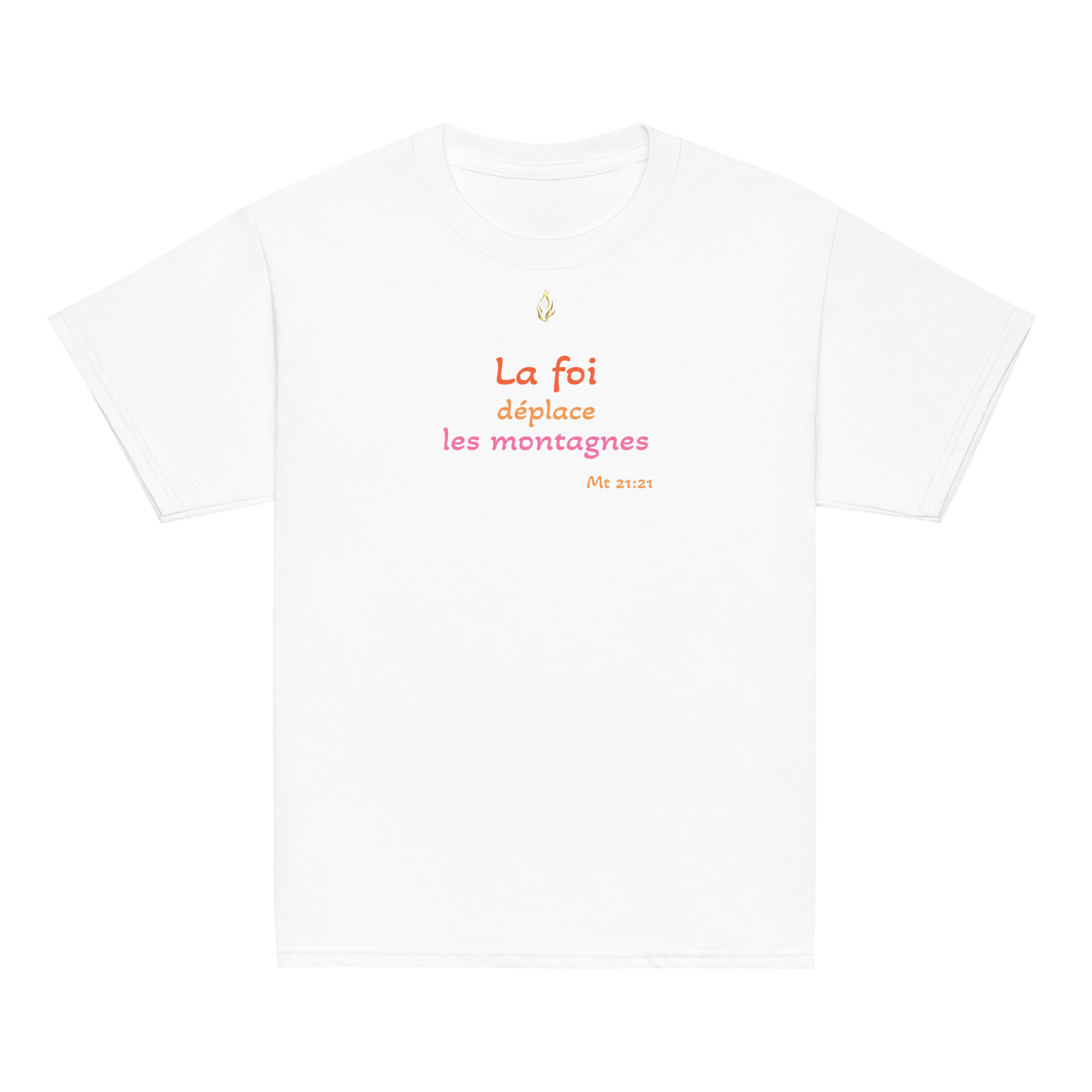 T-shirt classique enfant KHAWNAN blanc, parole « La foi déplace les montagnes », vue de face.