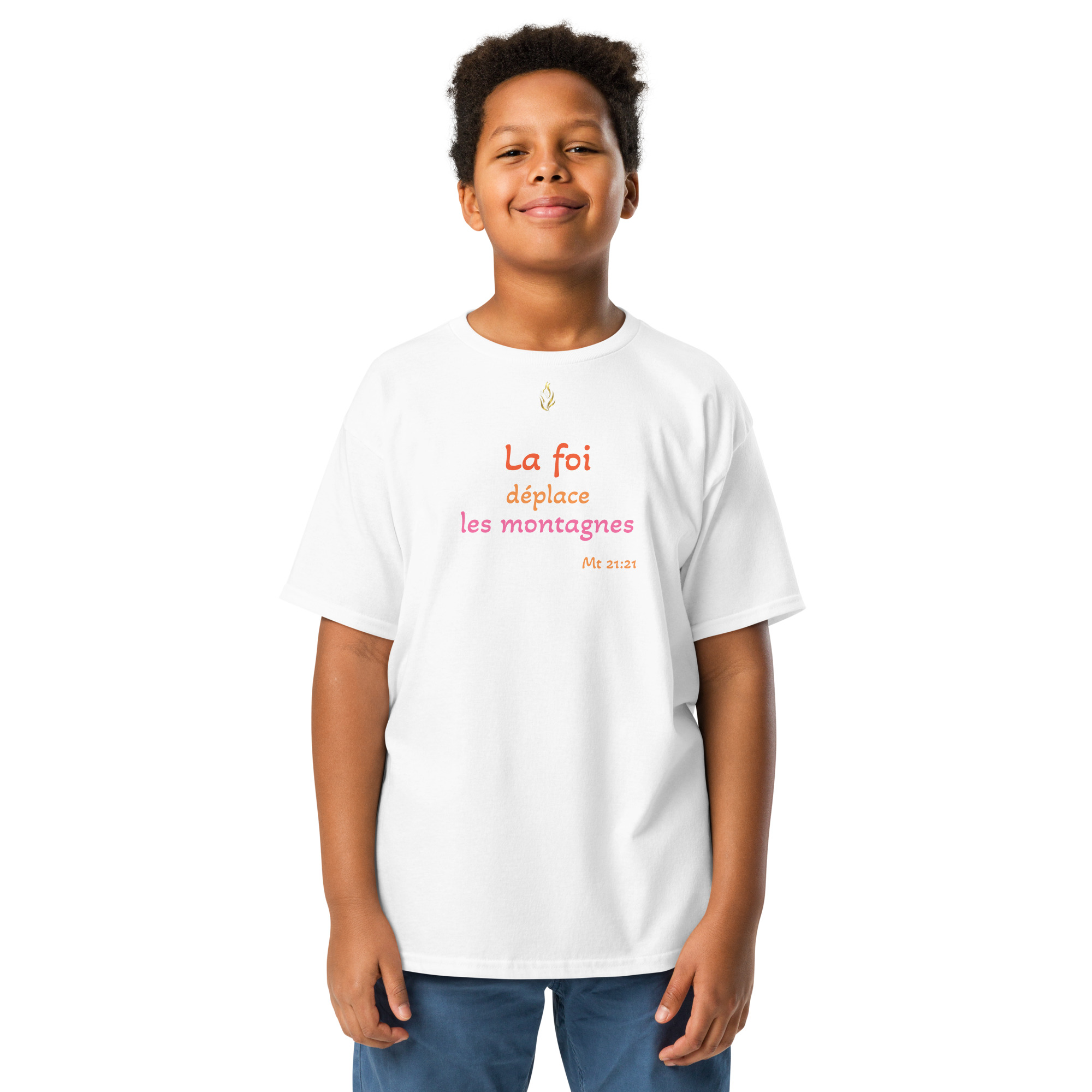 T-shirt classique enfant KHAWNAN blanc, parole « La foi déplace les montagnes », vue de face.