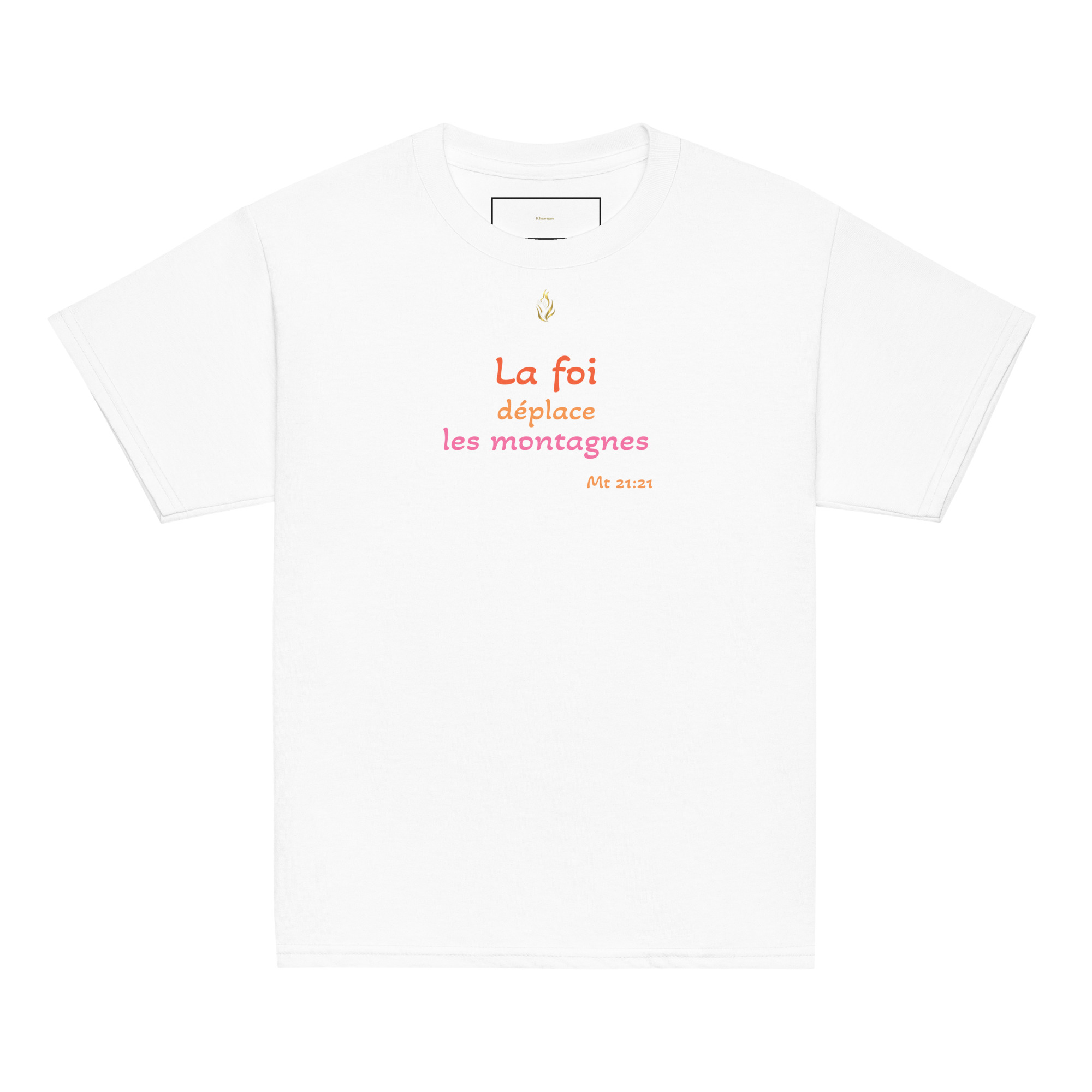 T-shirt classique enfant KHAWNAN blanc, parole « La foi déplace les montagnes », vue de face.