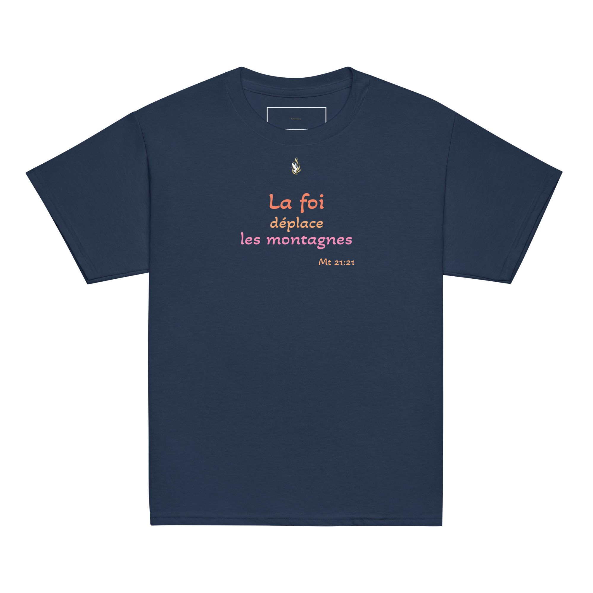T-shirt classique enfant KHAWNAN bleu marine, parole « La foi déplace les montagnes », vue de face.