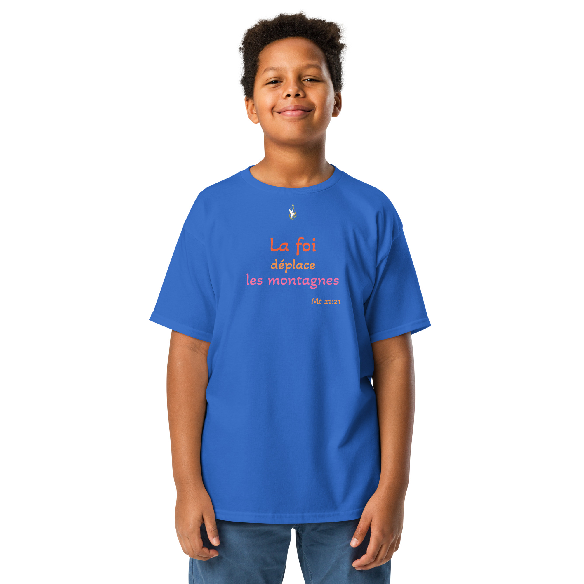 T-shirt classique enfant KHAWNAN bleu roi, parole « La foi déplace les montagnes », vue de face.