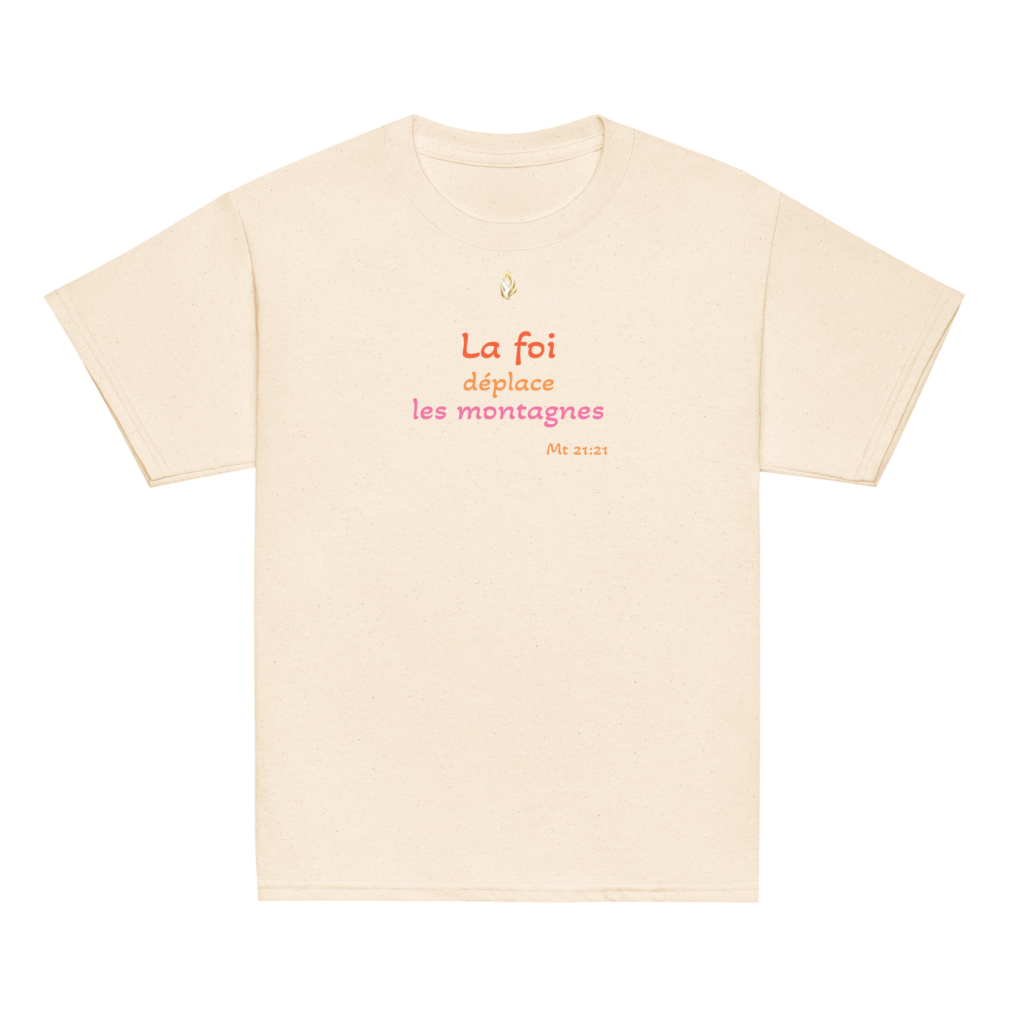 T-shirt classique enfant KHAWNAN, parole « La foi déplace les montagnes », vue de face.