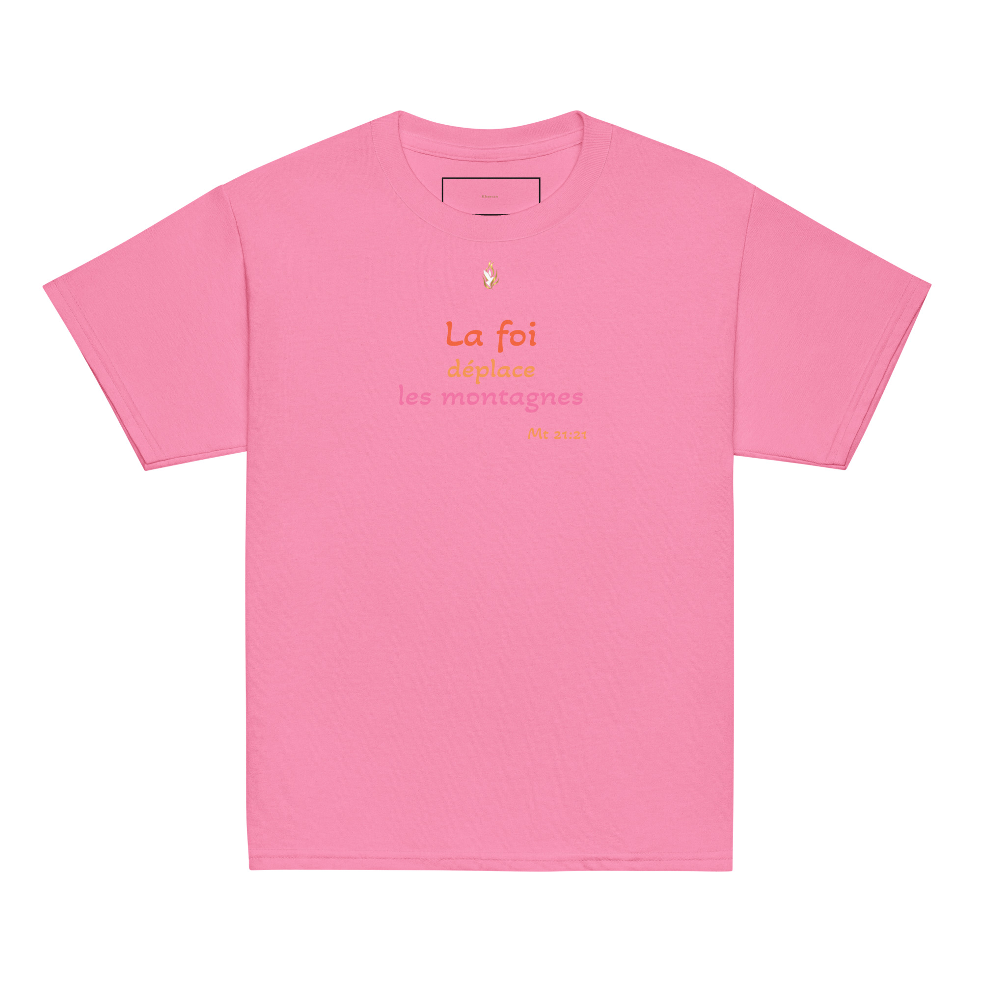 T-shirt classique enfant KHAWNAN, parole « La foi déplace les montagnes », vue de face.