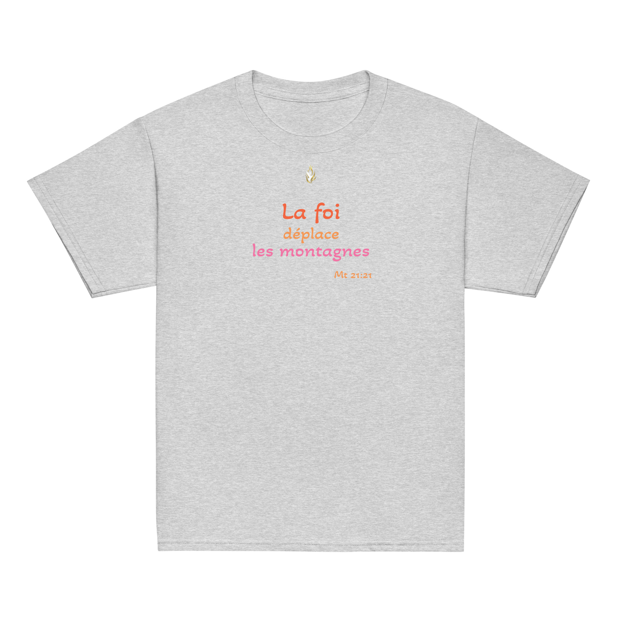 T-shirt classique enfant KHAWNAN gris sport, parole « La foi déplace les montagnes », vue de face.