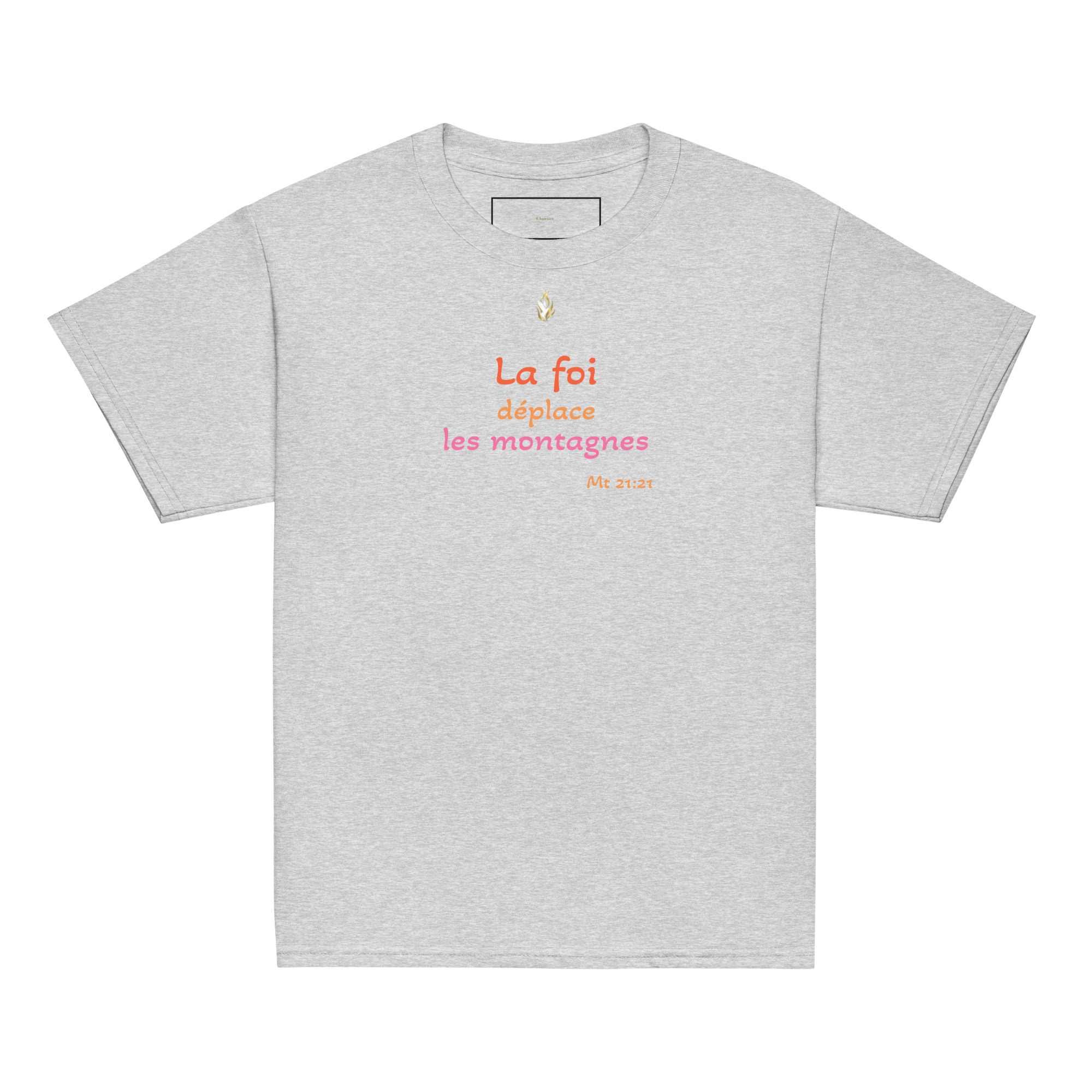 T-shirt classique enfant KHAWNAN gris sport, parole « La foi déplace les montagnes », vue de face.
