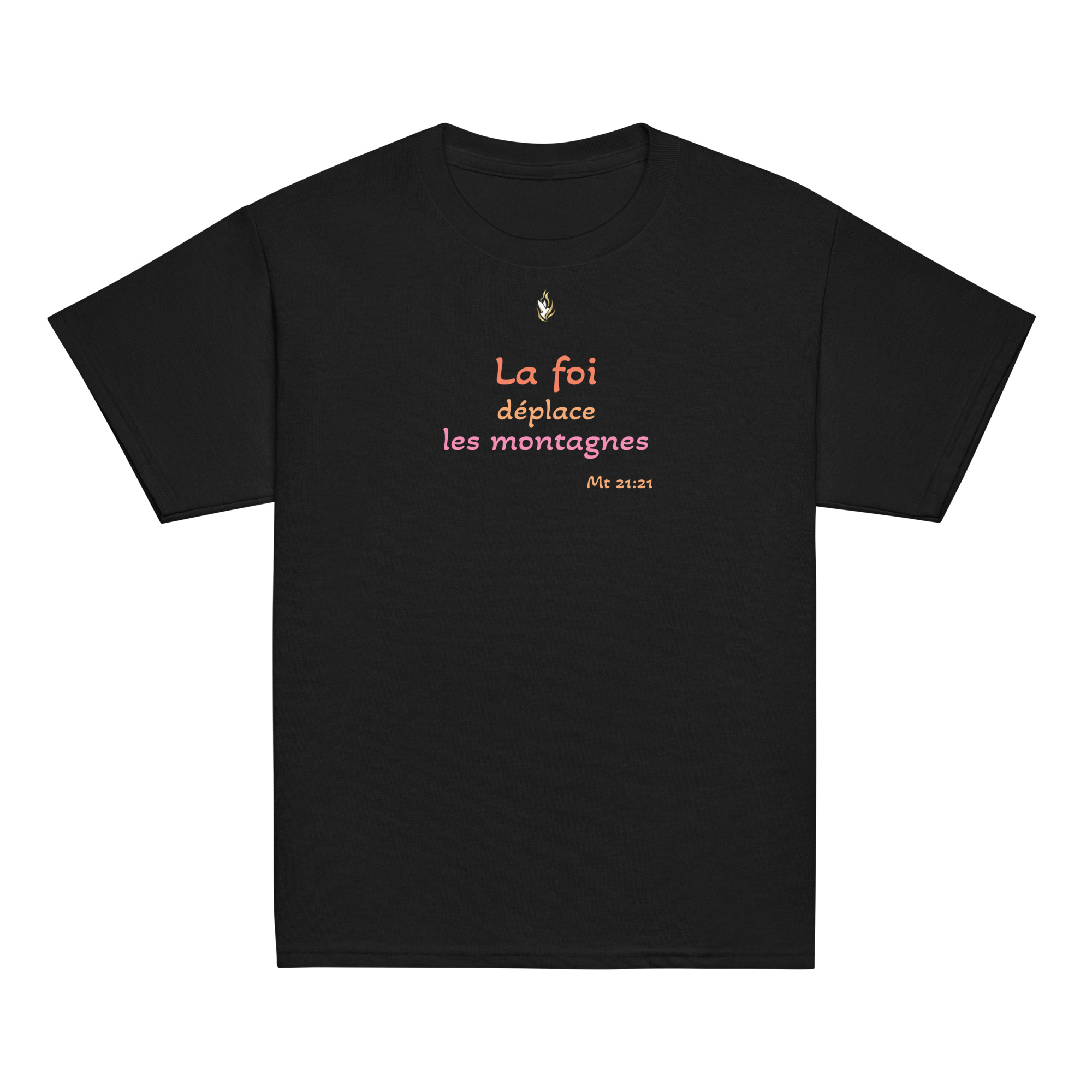 T-shirt classique enfant KHAWNAN noir, parole « La foi déplace les montagnes », vue de face.