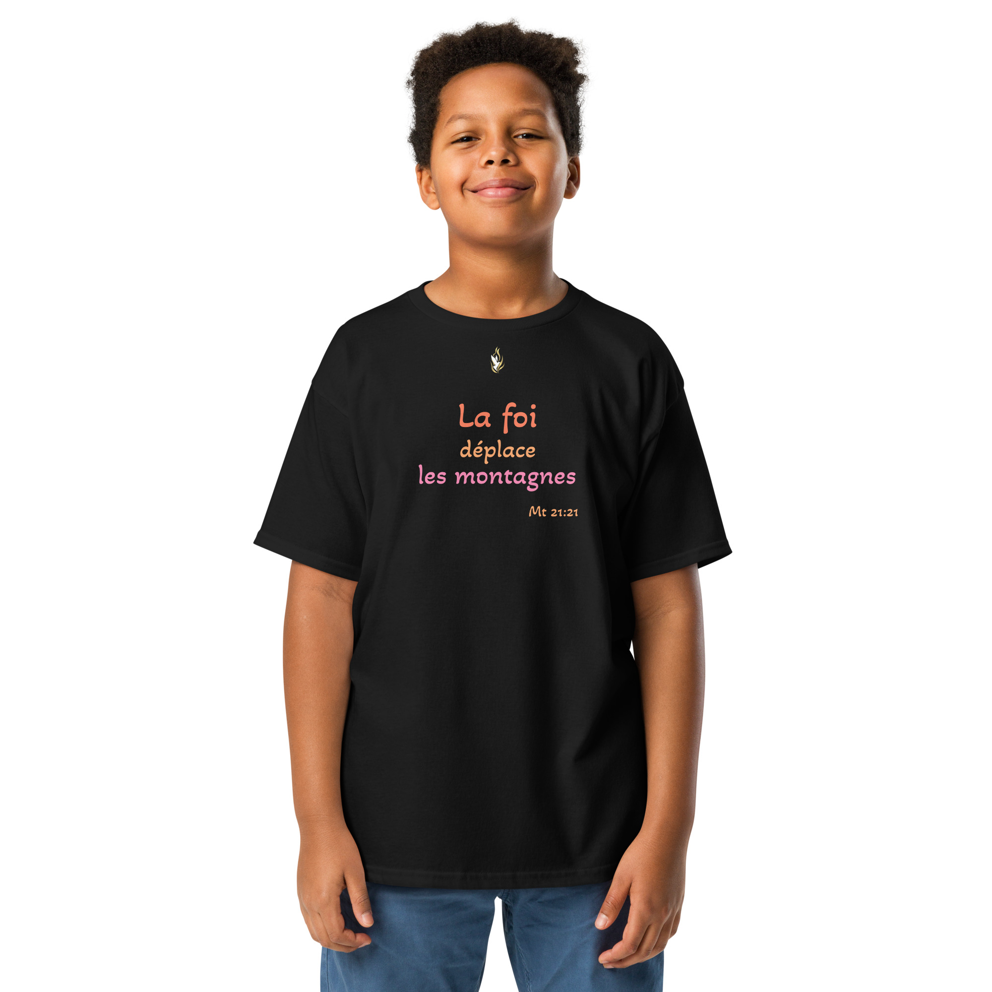 T-shirt classique enfant KHAWNAN noir, parole « La foi déplace les montagnes », vue de face.