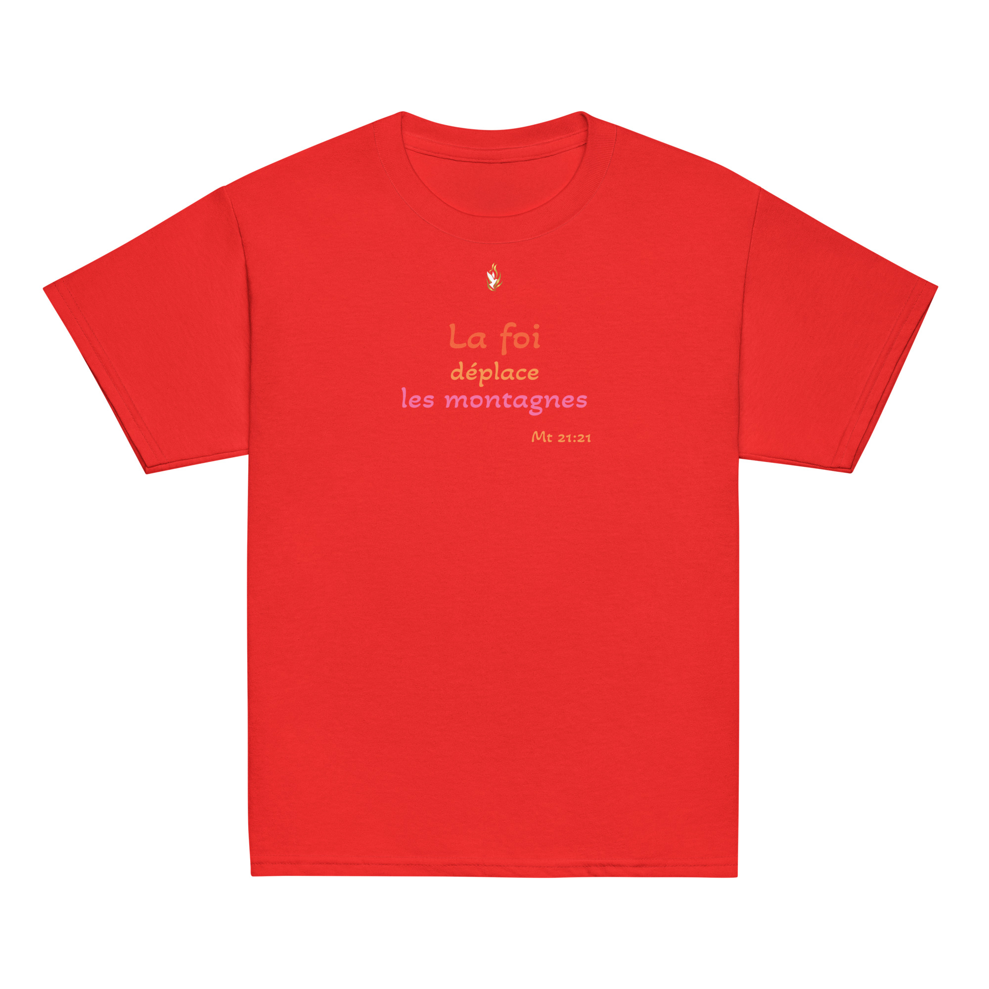 T-shirt classique enfant KHAWNAN rouge, parole « La foi déplace les montagnes », vue de face.