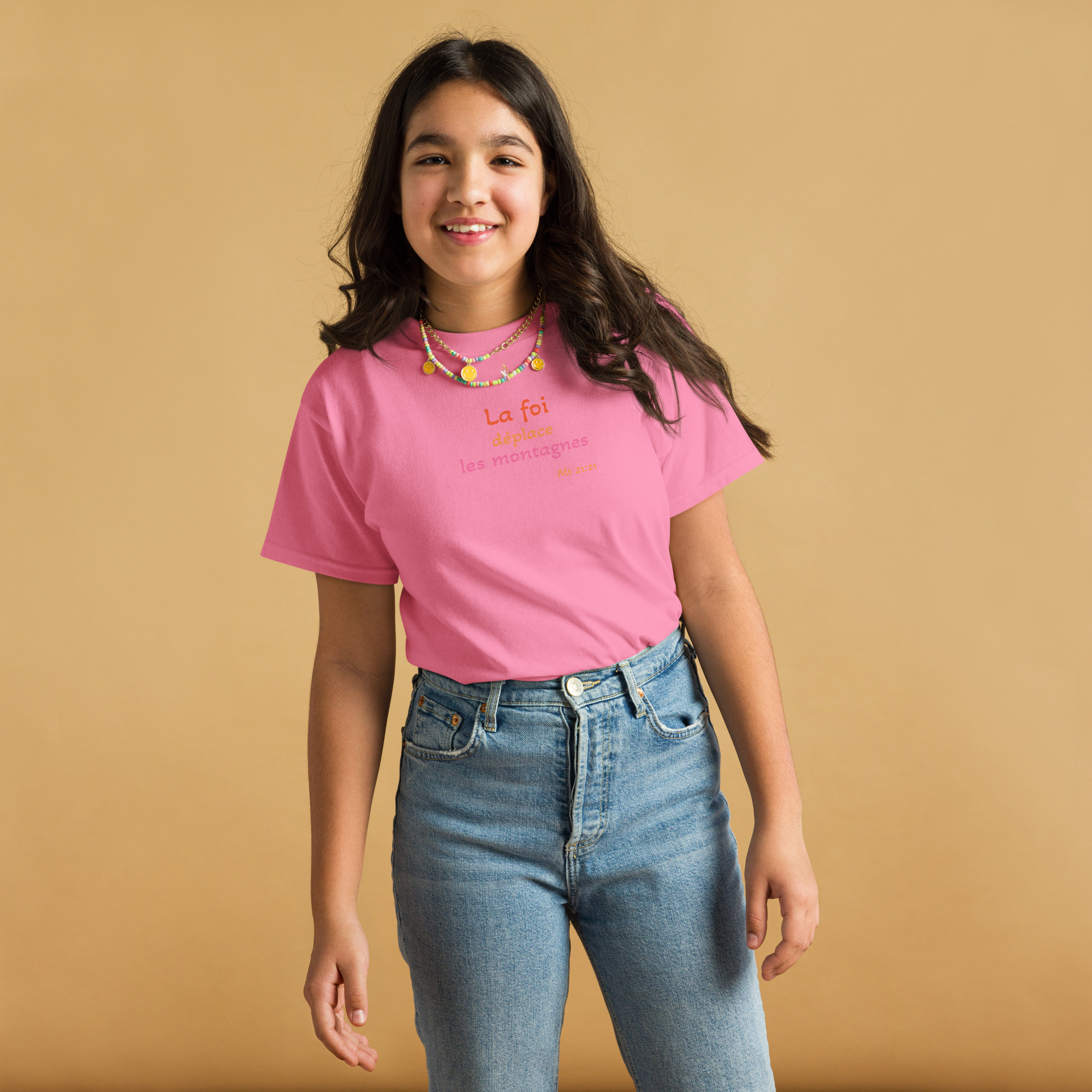 T-shirt classique enfant KHAWNAN, parole « La foi déplace les montagnes ».