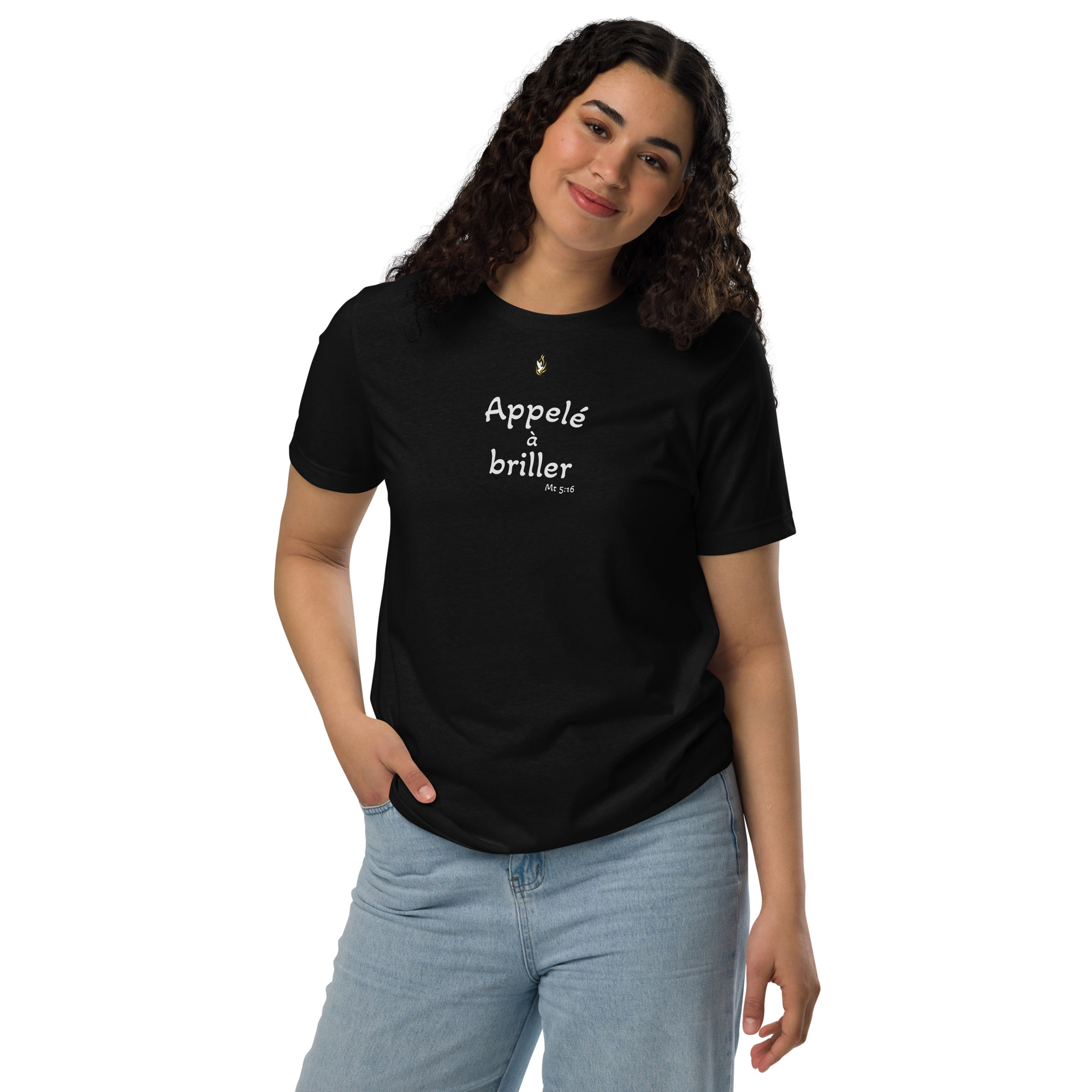 T-shirt écologique unisexe KHAWNAN noir, parole « Appelé à briller », vue de face.