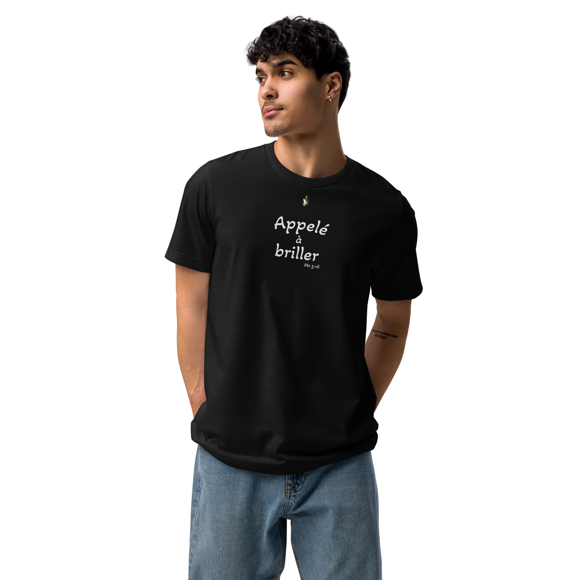 T-shirt écologique unisexe KHAWNAN noir, parole « Appelé à briller ».