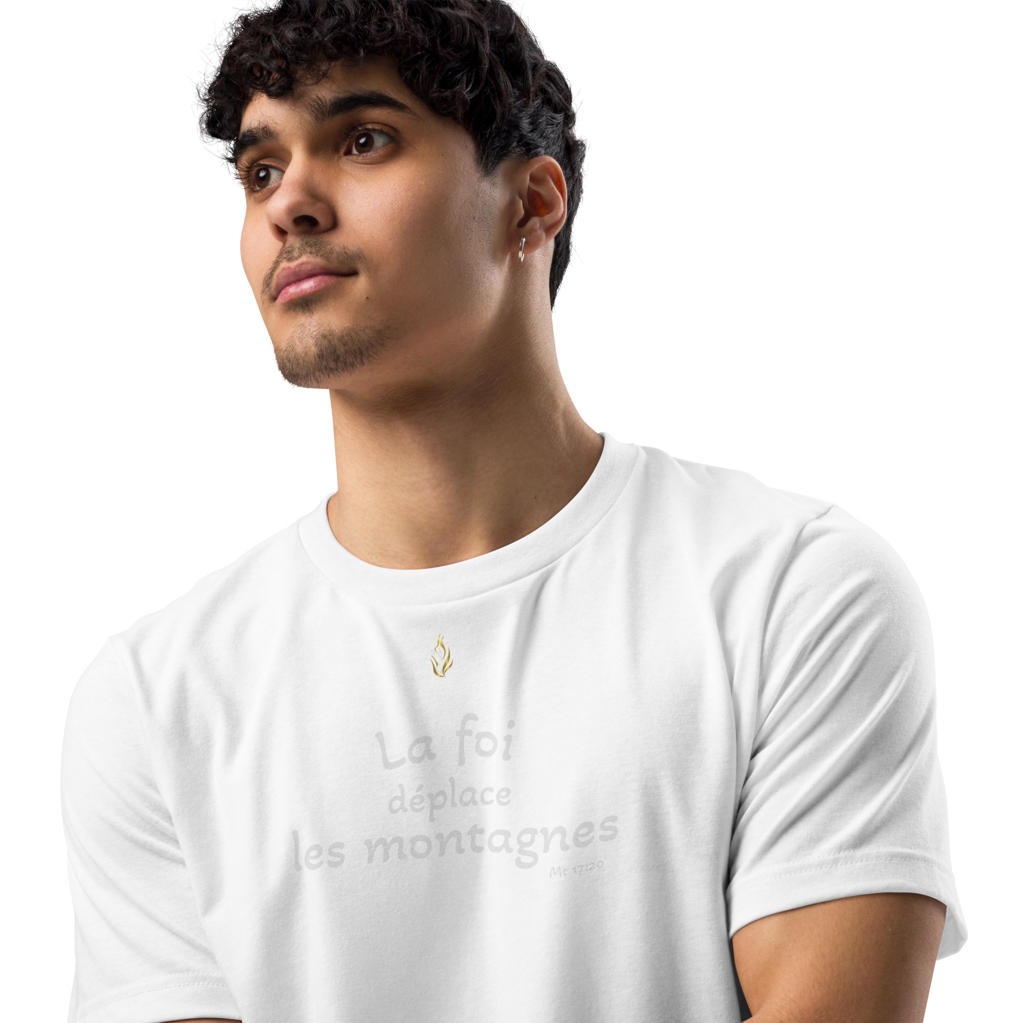 T-shirt écologique unisexe KHAWNAN blanc, parole « La foi déplace les montagnes », vue de face.