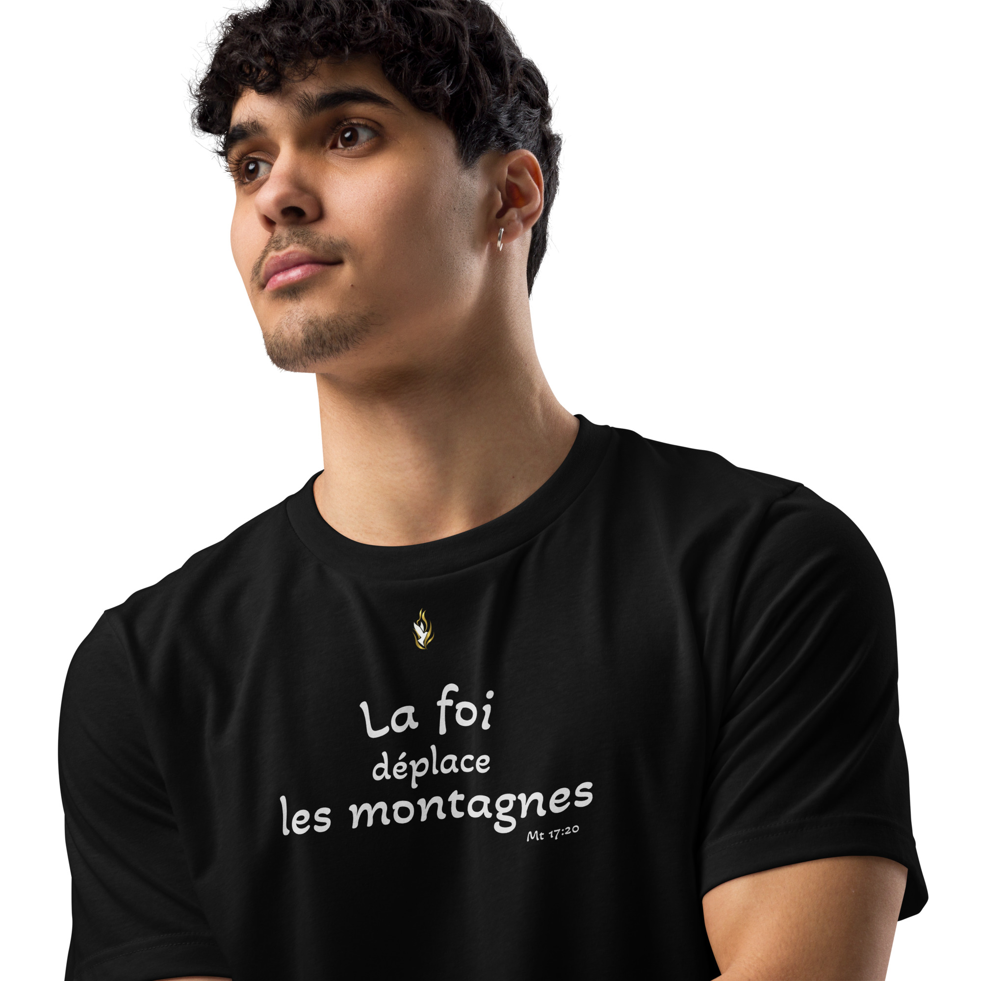 T-shirt écologique unisexe KHAWNAN noir, parole « La foi déplace les montagnes », vue de face.