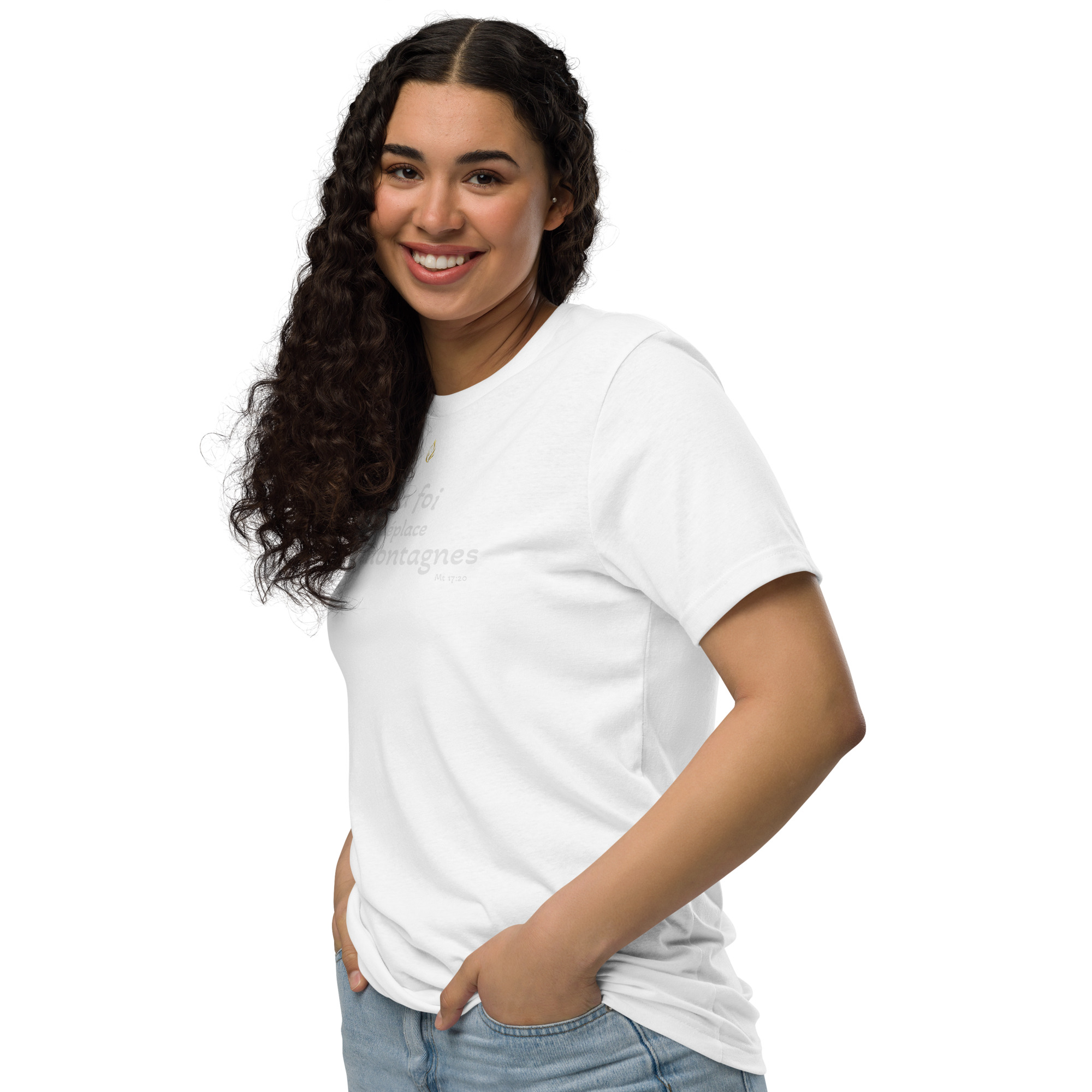 T-shirt écologique unisexe KHAWNAN blanc, parole « La foi déplace les montagnes ».