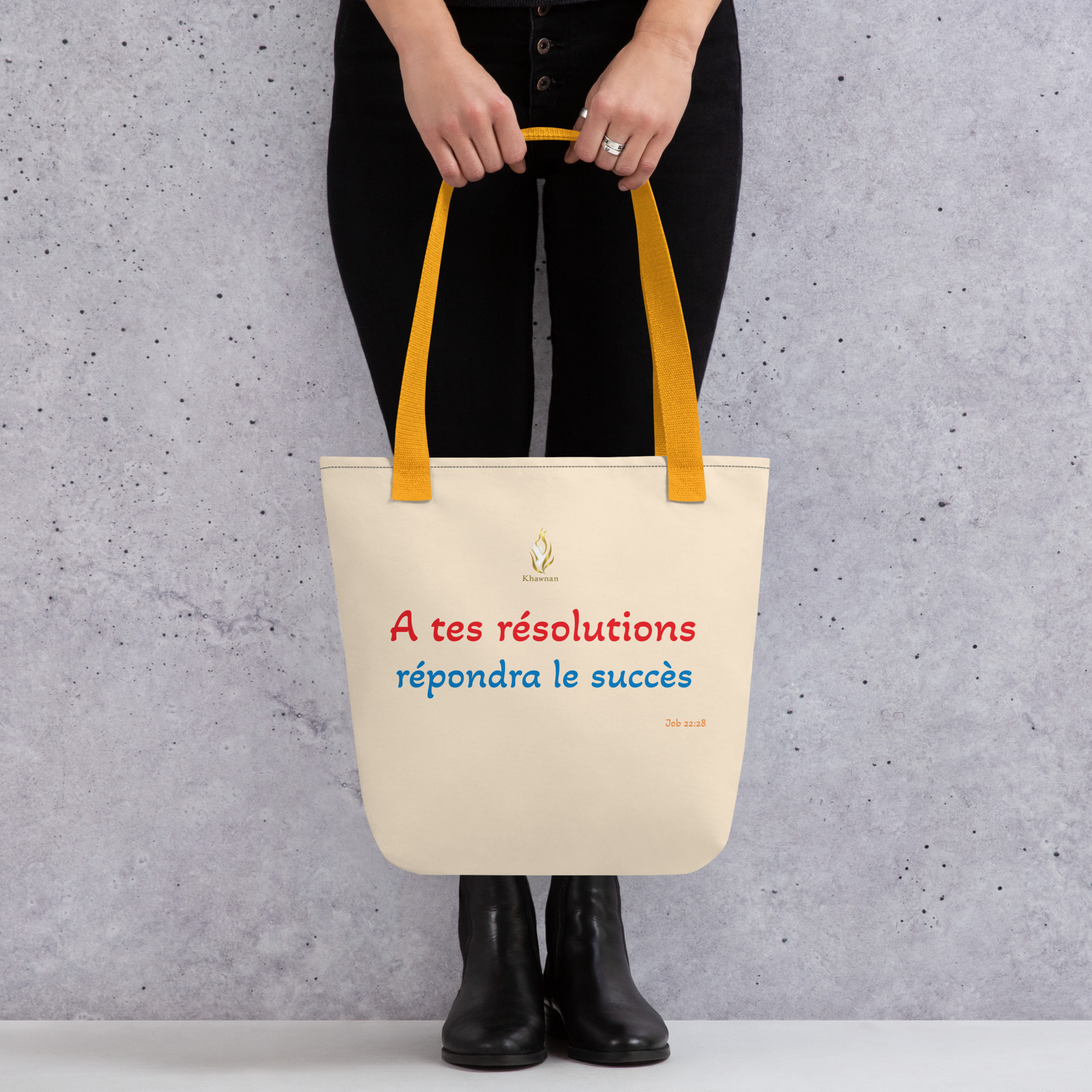 Tote bag KHAWNAN jaune, parole « À tes résolutions répondra le succès ».