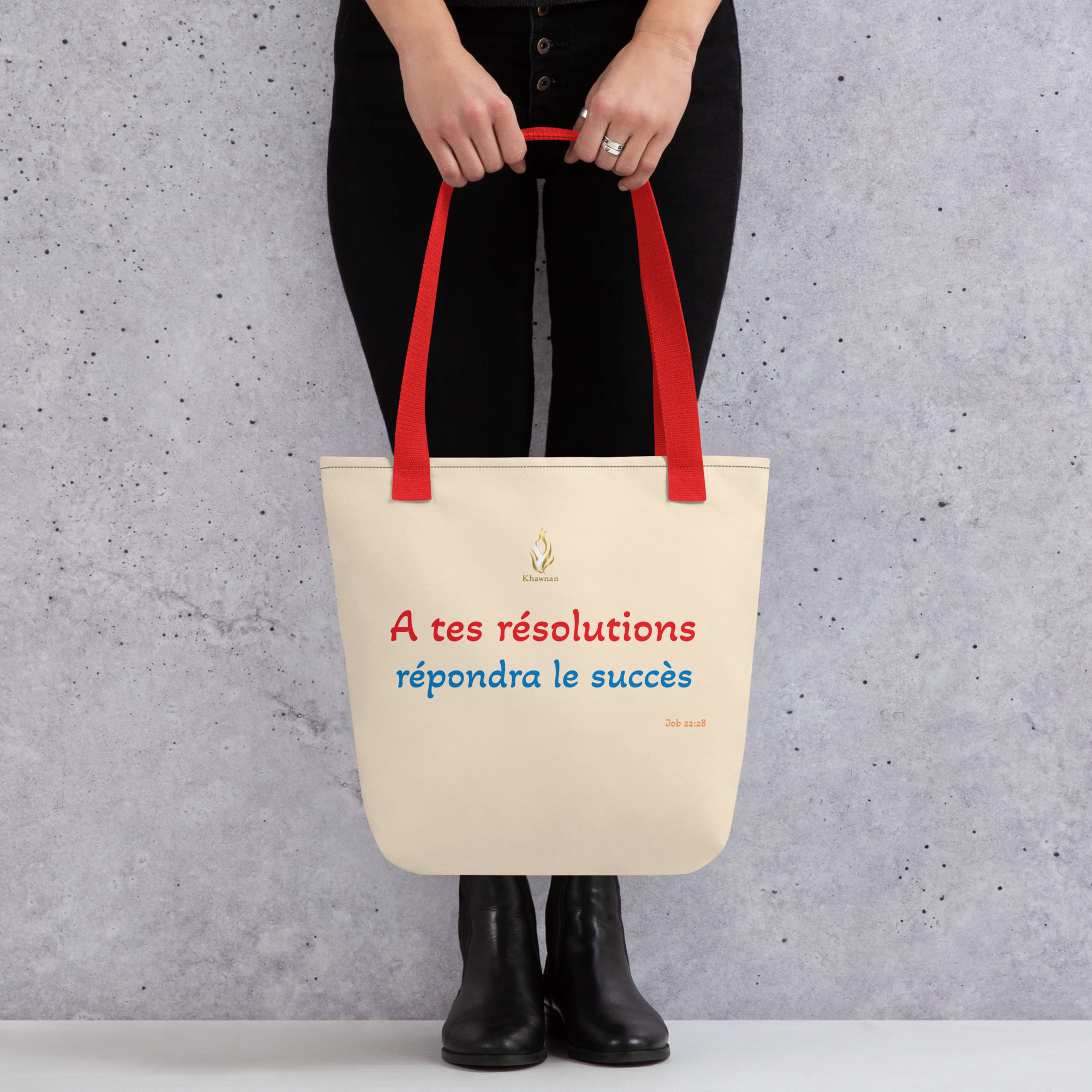Tote bag KHAWNAN rouge, parole « À tes résolutions répondra le succès ».
