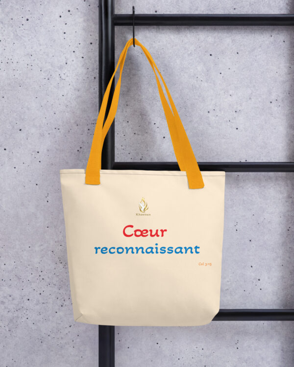 Tote bag KHAWNAN jaune, parole « Cœur reconnaissant ».