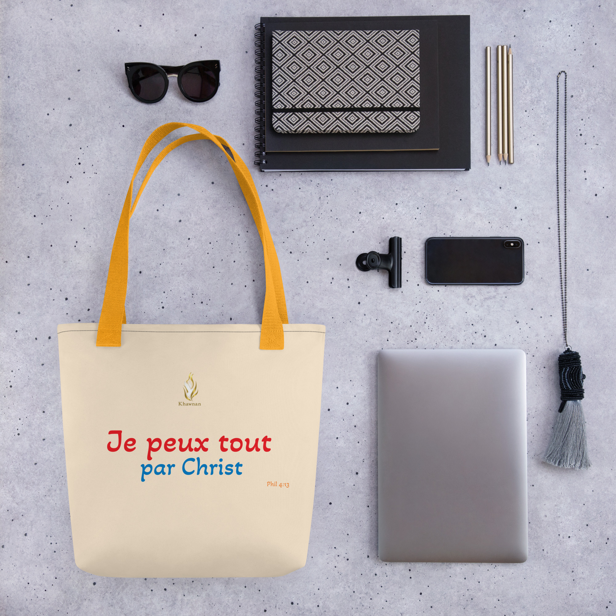 Tote bag KHAWNAN jaune, parole « Je peux tout par Christ ».