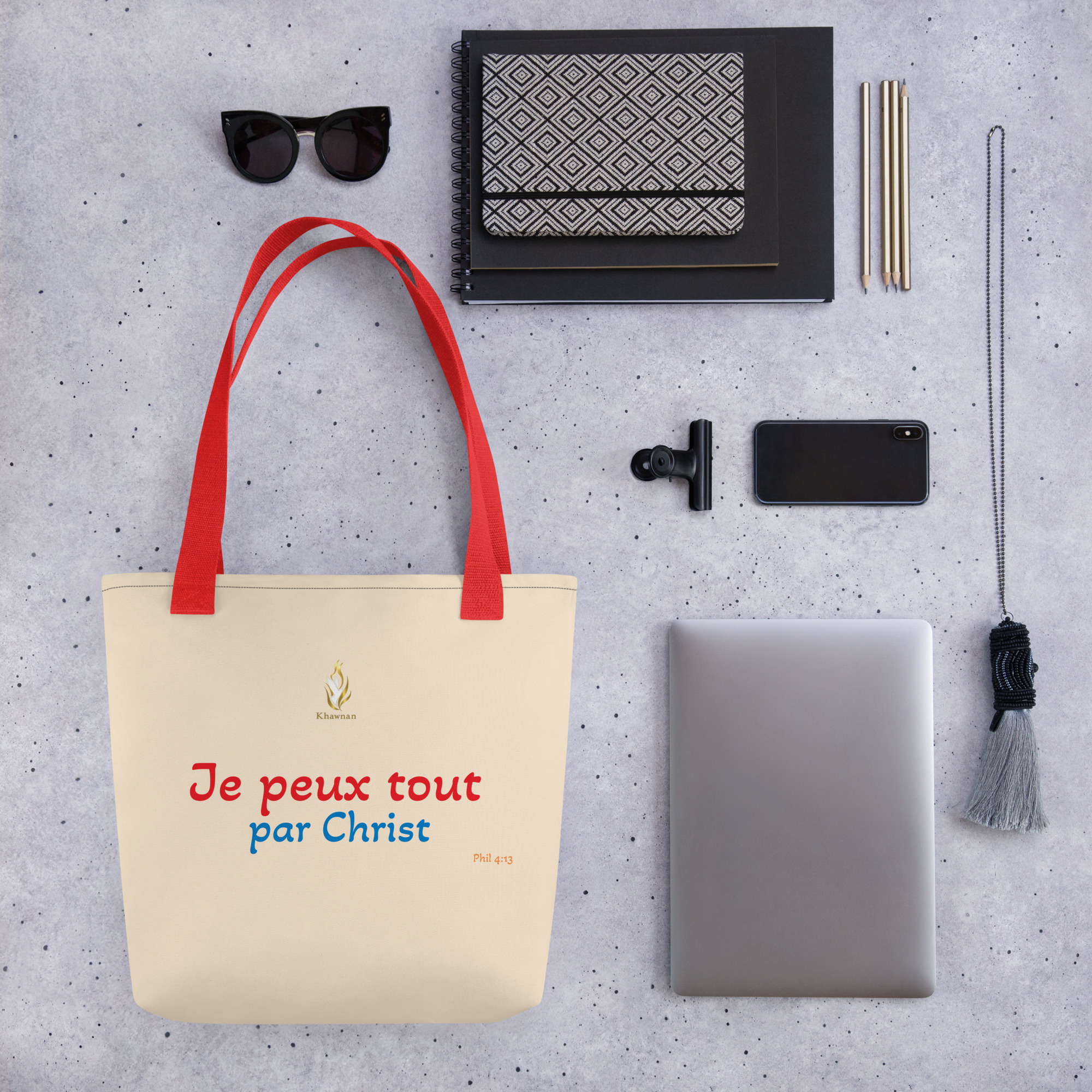 Tote bag KHAWNAN rouge, parole « Je peux tout par Christ ».