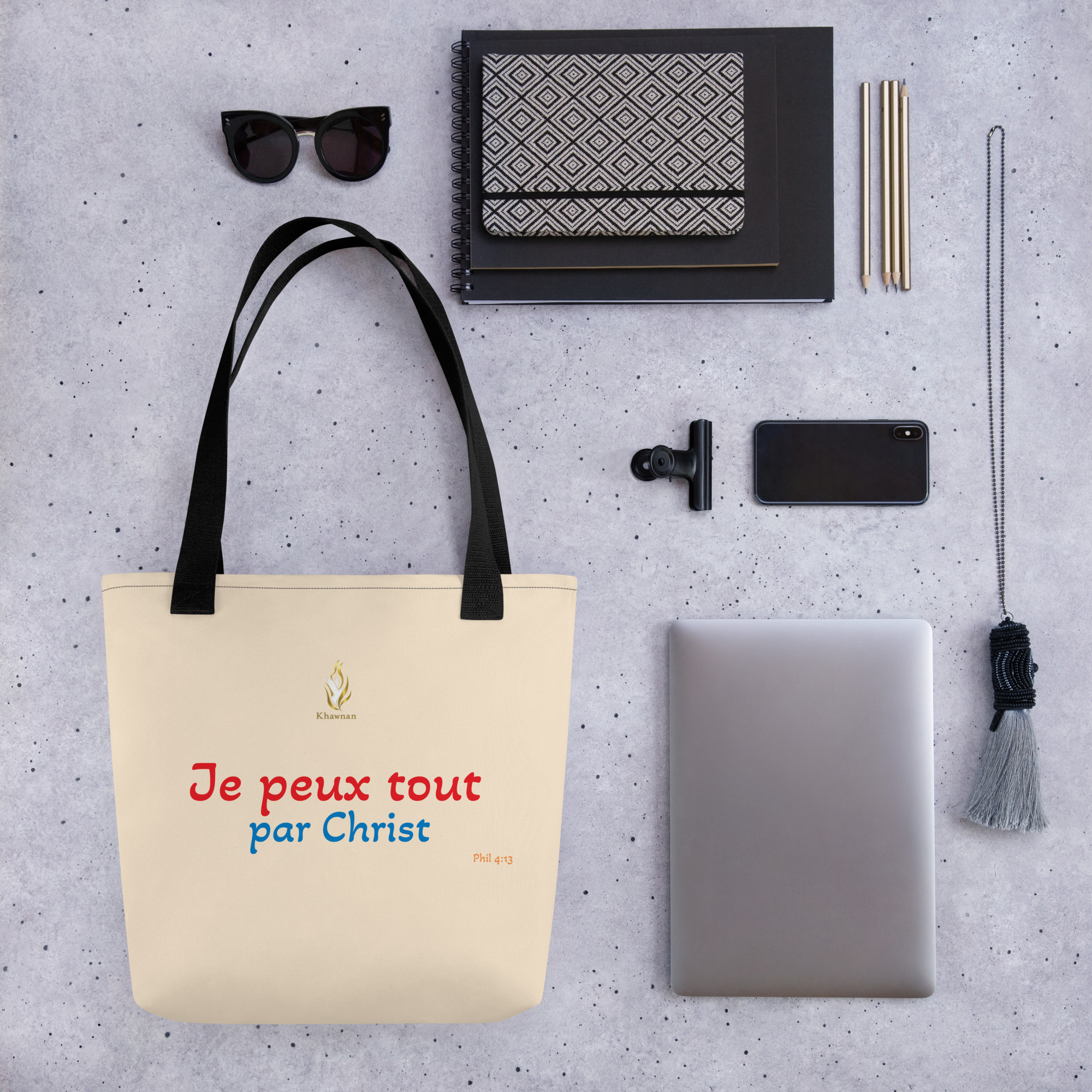 Tote bag KHAWNAN noir, parole « Je peux tout par Christ ».