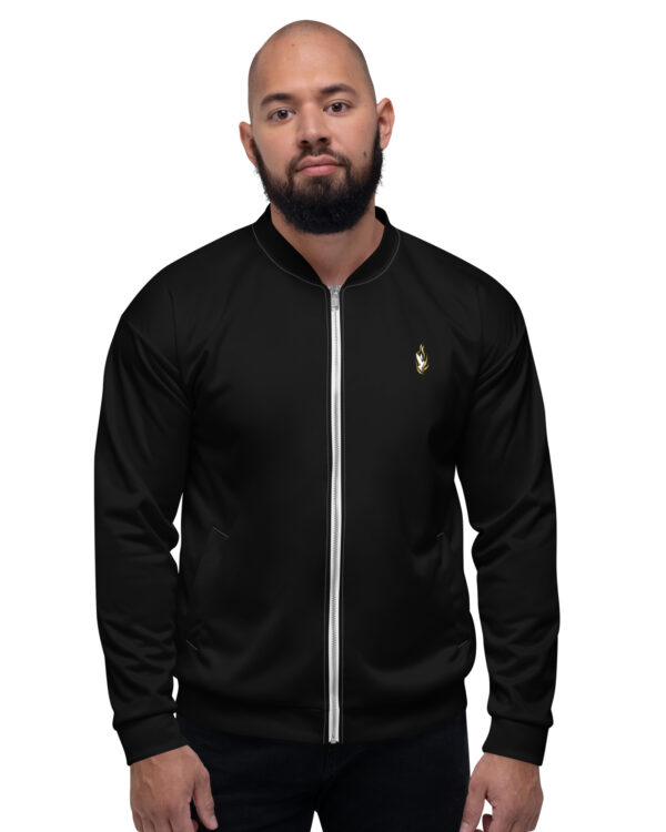 Veste bomber unisexe KHAWNAN blanc, parole « Délivré », vue de face.