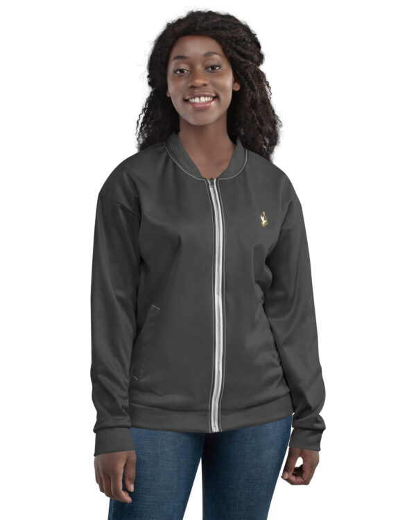 Veste bomber unisexe KHAWNAN blanc, parole « Inébranlable », vue de face.