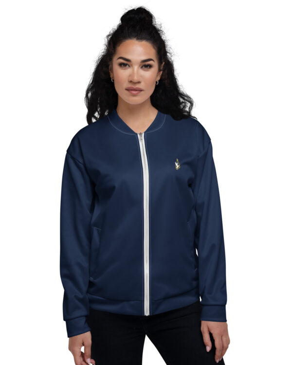 Veste bomber unisexe KHAWNAN blanc, parole « Jésus est vivant », vue de face.