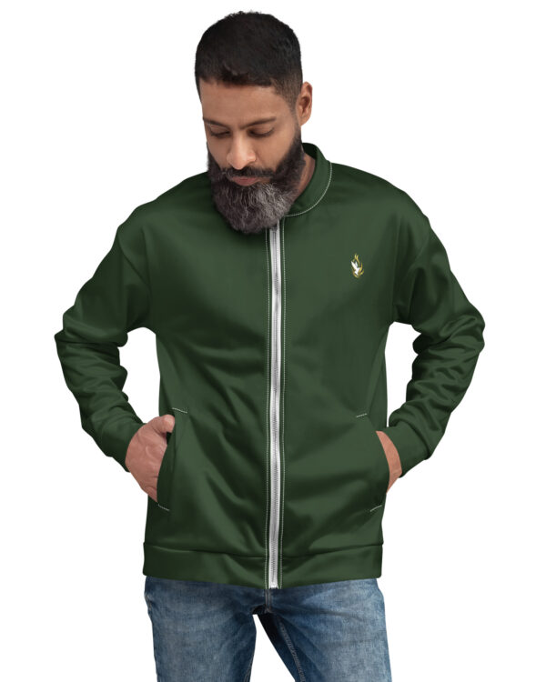 Veste bomber unisexe KHAWNAN blanc, parole « Libéré », vue de face.
