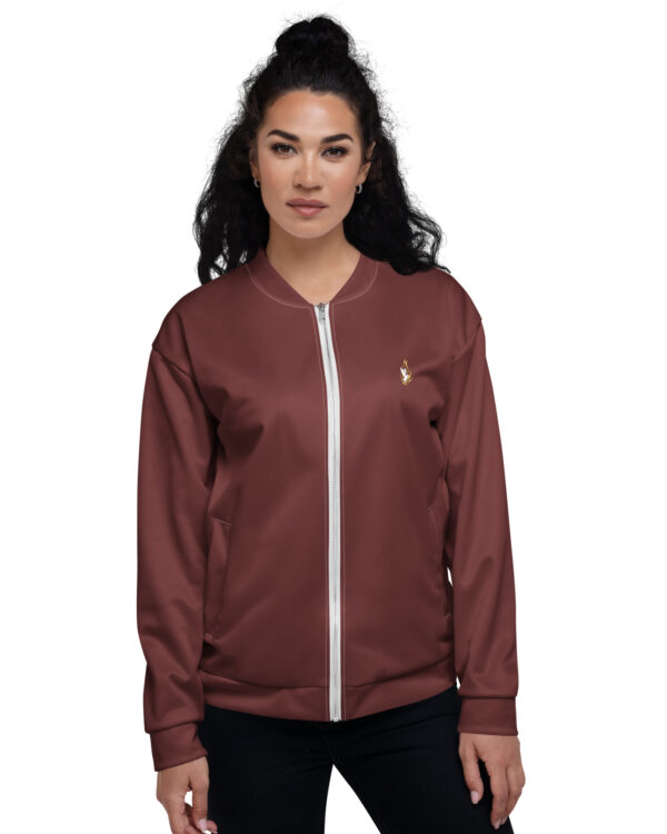 Veste bomber unisexe KHAWNAN blanc, parole « Sanctifié », vue de face.